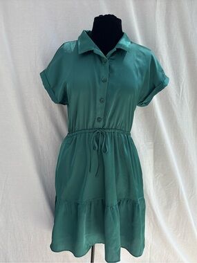 Lucky Brand Teal Satin Shirt Dress Coastal Chic Quiet Luxury Resortwear Boho Med